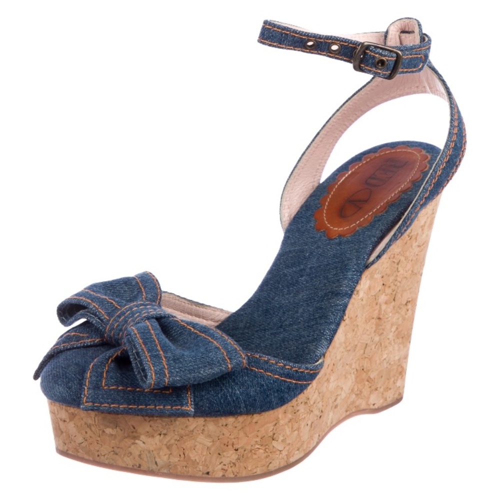 Red Valentino denim and cork wedge sandals. 38